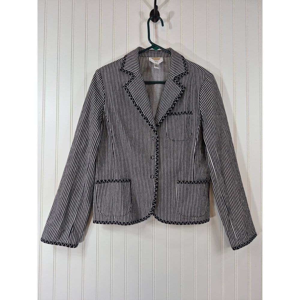 Talbots Striped Denim Blazer Navy White Zigzag Stitch Hem Snap Buttons 14P